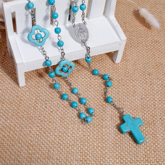 DoreenBeads 2017 New Women Bohemia Necklaces Y Shaped Gem Stone Prayer Rosary Beads Jesus Pattern Cross Pendant 57cm - Shop Cali & Cole