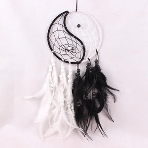 Dream Catcher Decor Hanging with Feathers Yin Yang (White & Black)