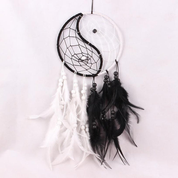 Dream Catcher Decor Hanging with Feathers Yin Yang (White & Black)