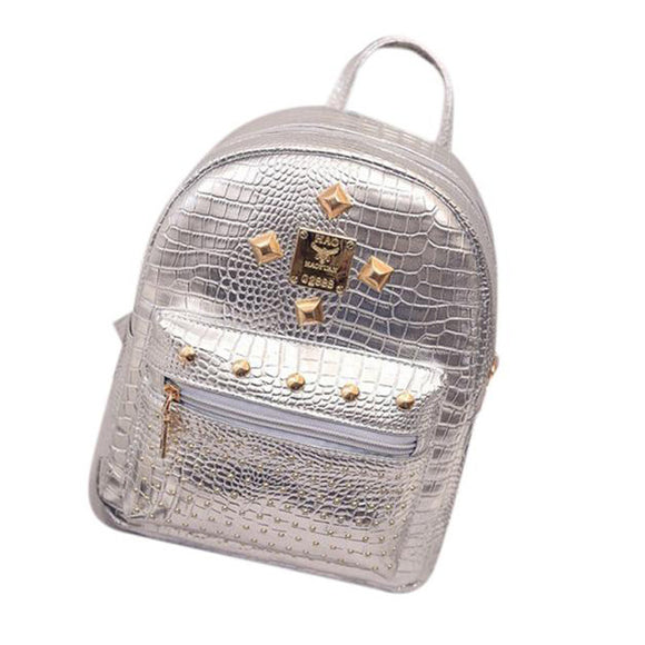 Imitation Shiny Metal Leather Travel Backpack, Full Size Backpack. 