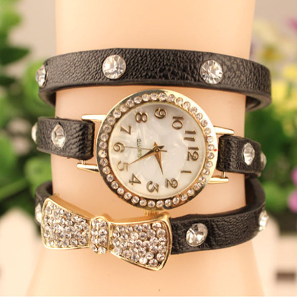 Fashion Women Bowknot Crystal Quartz Watch Imitation Leather Watch - Shop Cali & Cole