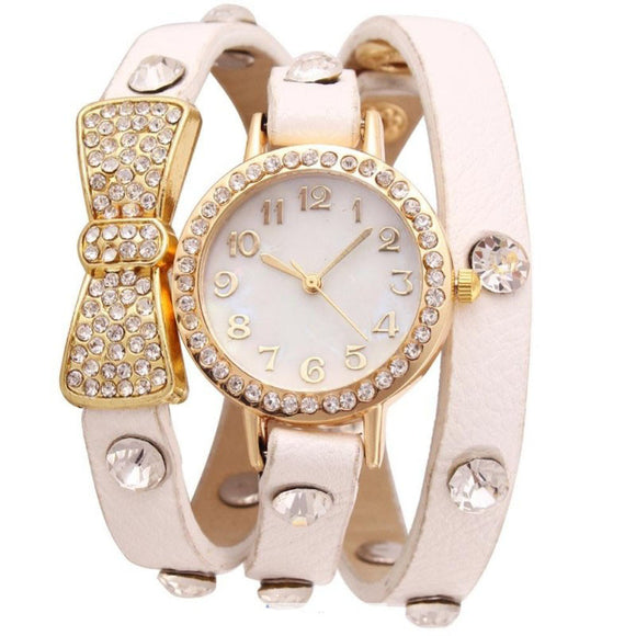 Fashion Women Bowknot Crystal Quartz Watch Imitation Leather Watch - Shop Cali & Cole