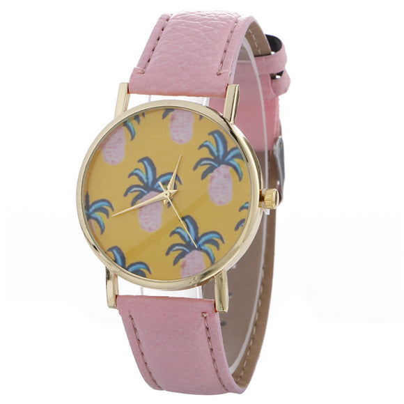 Women Pineapple Chimes Pattern Quartz Watch Leather Straplt Table Watch - Shop Cali & Cole