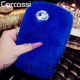 Fashion Fluffy Warm Soft Wool Rabbit Fur Cover Case For iPhone 5 6 6S 6 Plus 6S Plus Hair Plush Bling Diamond Crystal Bow Cases - Shop Cali & Cole