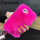 Fashion Fluffy Warm Soft Wool Rabbit Fur Cover Case For iPhone 5 6 6S 6 Plus 6S Plus Hair Plush Bling Diamond Crystal Bow Cases - Shop Cali & Cole