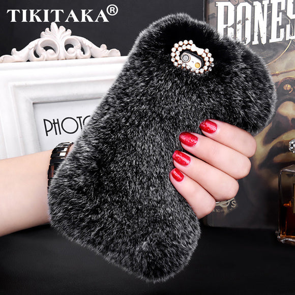 Fashion Fluffy Warm Soft Wool Rabbit Fur Cover Case For iPhone 5 6 6S 6 Plus 6S Plus Hair Plush Bling Diamond Crystal Bow Cases - Shop Cali & Cole