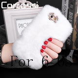 Fashion Fluffy Warm Soft Wool Rabbit Fur Cover Case For iPhone 5 6 6S 6 Plus 6S Plus Hair Plush Bling Diamond Crystal Bow Cases - Shop Cali & Cole