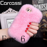 Fashion Fluffy Warm Soft Wool Rabbit Fur Cover Case For iPhone 5 6 6S 6 Plus 6S Plus Hair Plush Bling Diamond Crystal Bow Cases - Shop Cali & Cole