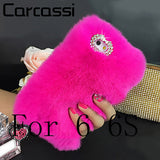 Fashion Fluffy Warm Soft Wool Rabbit Fur Cover Case For iPhone 5 6 6S 6 Plus 6S Plus Hair Plush Bling Diamond Crystal Bow Cases - Shop Cali & Cole