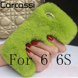Fashion Fluffy Warm Soft Wool Rabbit Fur Cover Case For iPhone 5 6 6S 6 Plus 6S Plus Hair Plush Bling Diamond Crystal Bow Cases - Shop Cali & Cole