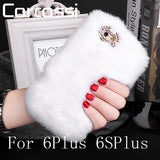 Fashion Fluffy Warm Soft Wool Rabbit Fur Cover Case For iPhone 5 6 6S 6 Plus 6S Plus Hair Plush Bling Diamond Crystal Bow Cases - Shop Cali & Cole