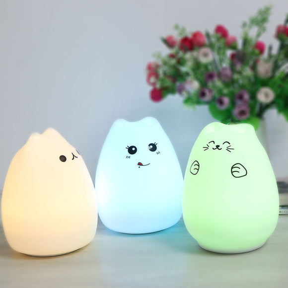 8 colors Rechargeable Silicon Cartoon Cat LED Night Light Vibration Sensor Lamp with Lovely Face for Child Gift Bedroom Light - Shop Cali & Cole