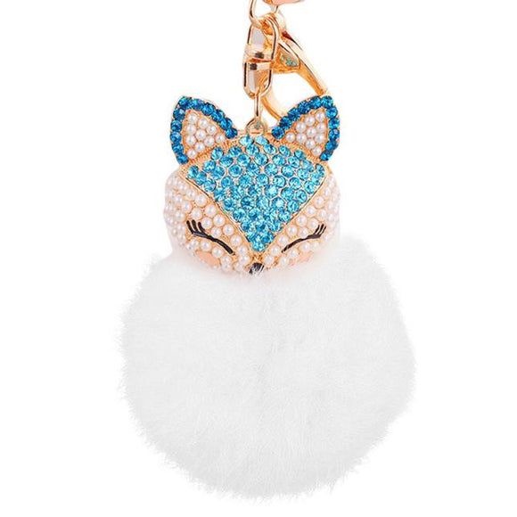 Fur Ball with Artificial Fox Head Inlay Pearl Rhinestone Key Chain BU - Shop Cali & Cole