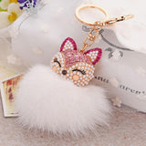 Fur Ball with Artificial Fox Head Inlay Pearl Rhinestone Key Chain BU - Shop Cali & Cole
