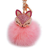 Fur Ball with Artificial Fox Head Inlay Pearl Rhinestone Key Chain BU - Shop Cali & Cole