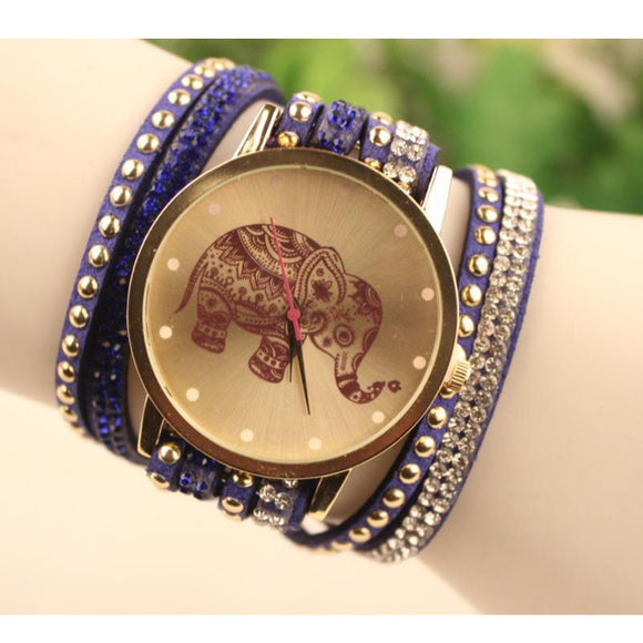 PICK YOUR BAND COLOR: Velvet Diamond Bracelet Watch High Elephant Pattern