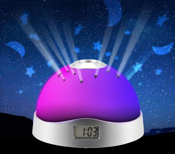 LED Lamp Romantic Rotating Star Moon Sky Rotation Night Projector Light Lamp Music Alarm Clock Calendar Thermometer - Shop Cali & Cole