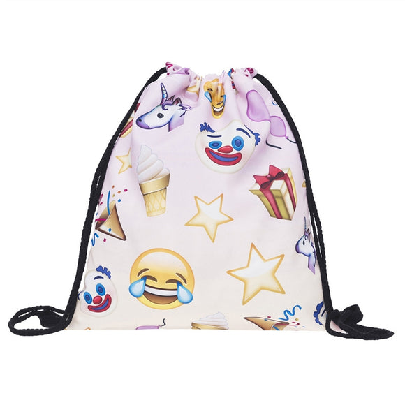Unicorn and Facial Expressions Emoji Drawstring Backpack Shoulder Bags Satchel